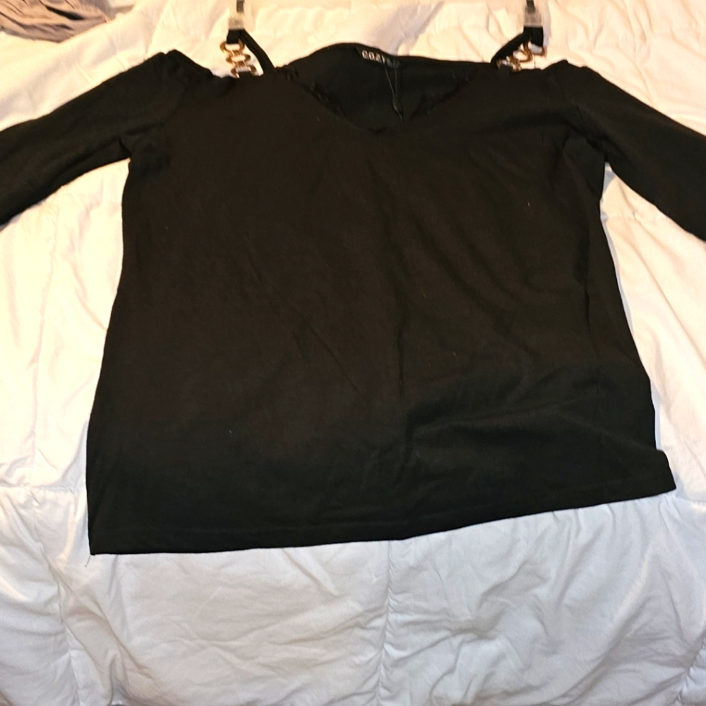 Chic Black V-Neck Blouse with Chain Accents